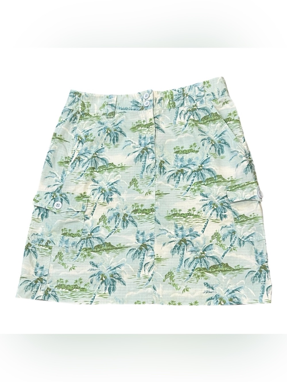 Vintage Tropical L.L. Bean Blue and Green Palm-Print Skirt 100% Cotton Y2K